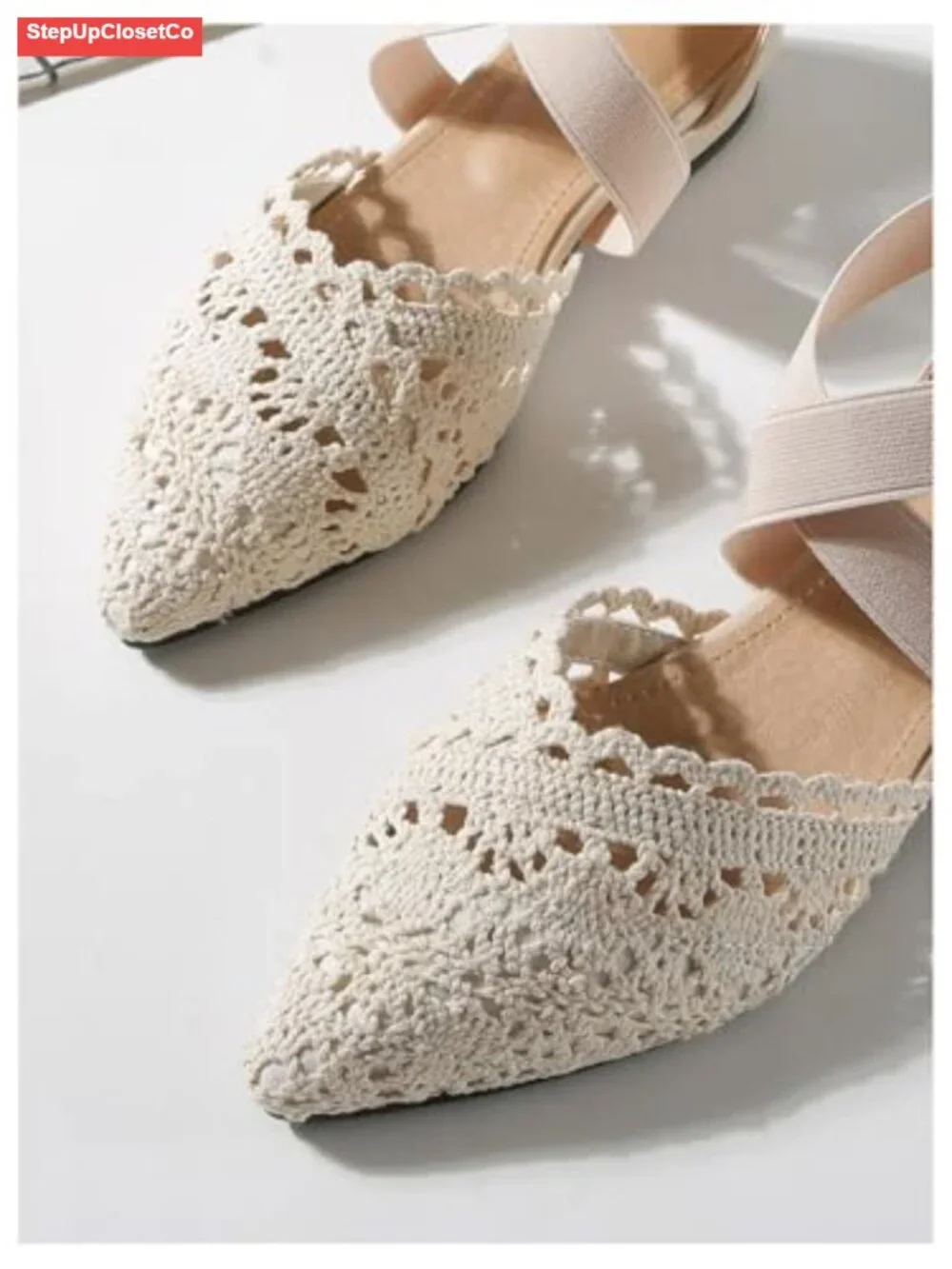 Women's Pointed Toe Crochet Flats Hollow Out Mesh Ballet Flats Crisscross